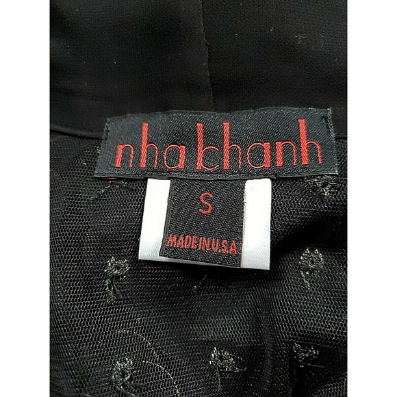 Nha Bhanh Sheer Small Button Down Black Shirt Circles w/Gold Trim Pussy Bow - Picture 9 of 10